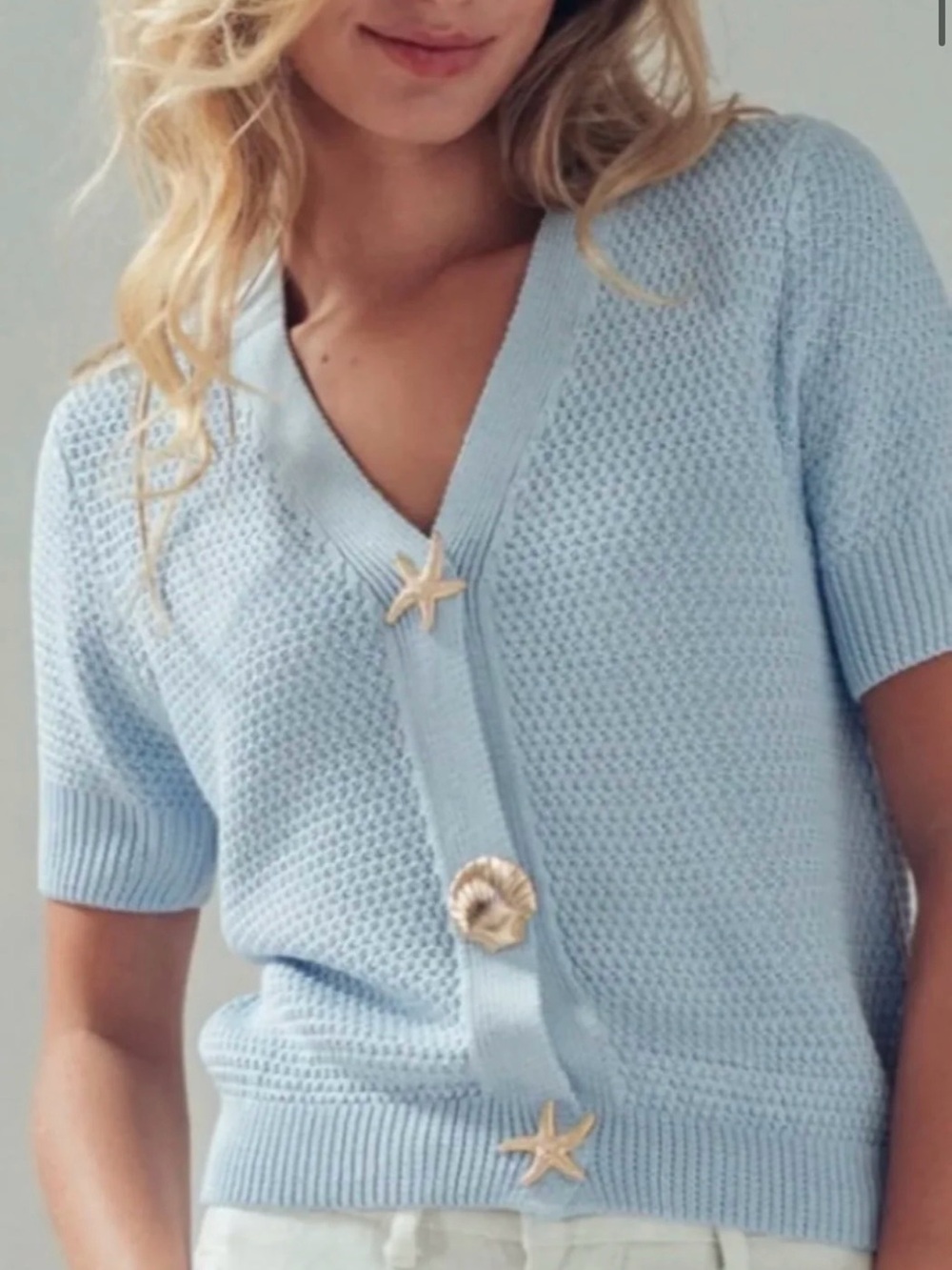Light Blue Short-Sleeve Knit Cardigan with Shell Buttons
Urban•Daisy - Picture 2 of 4